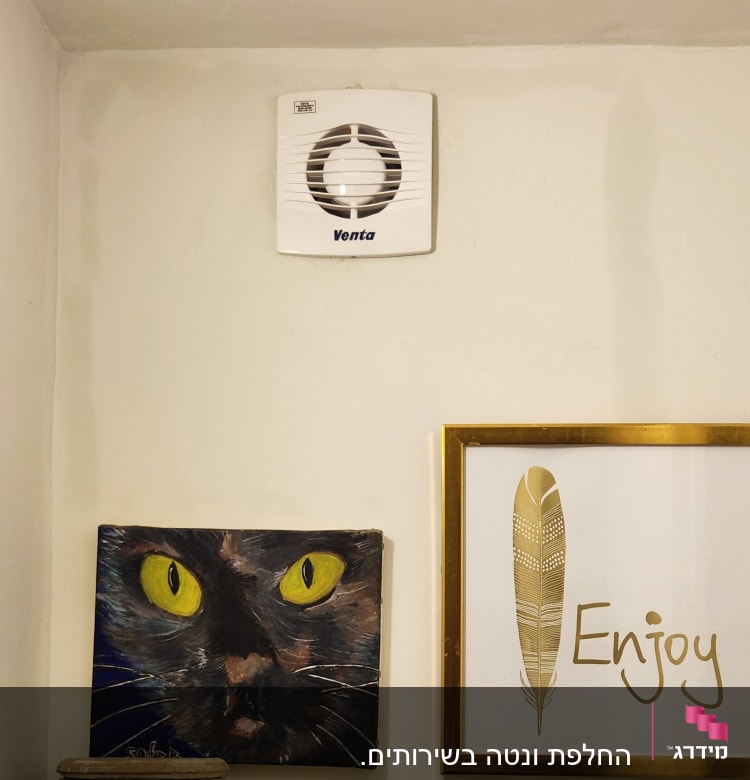 מאוורר קיר לבן מותקן על הקיר